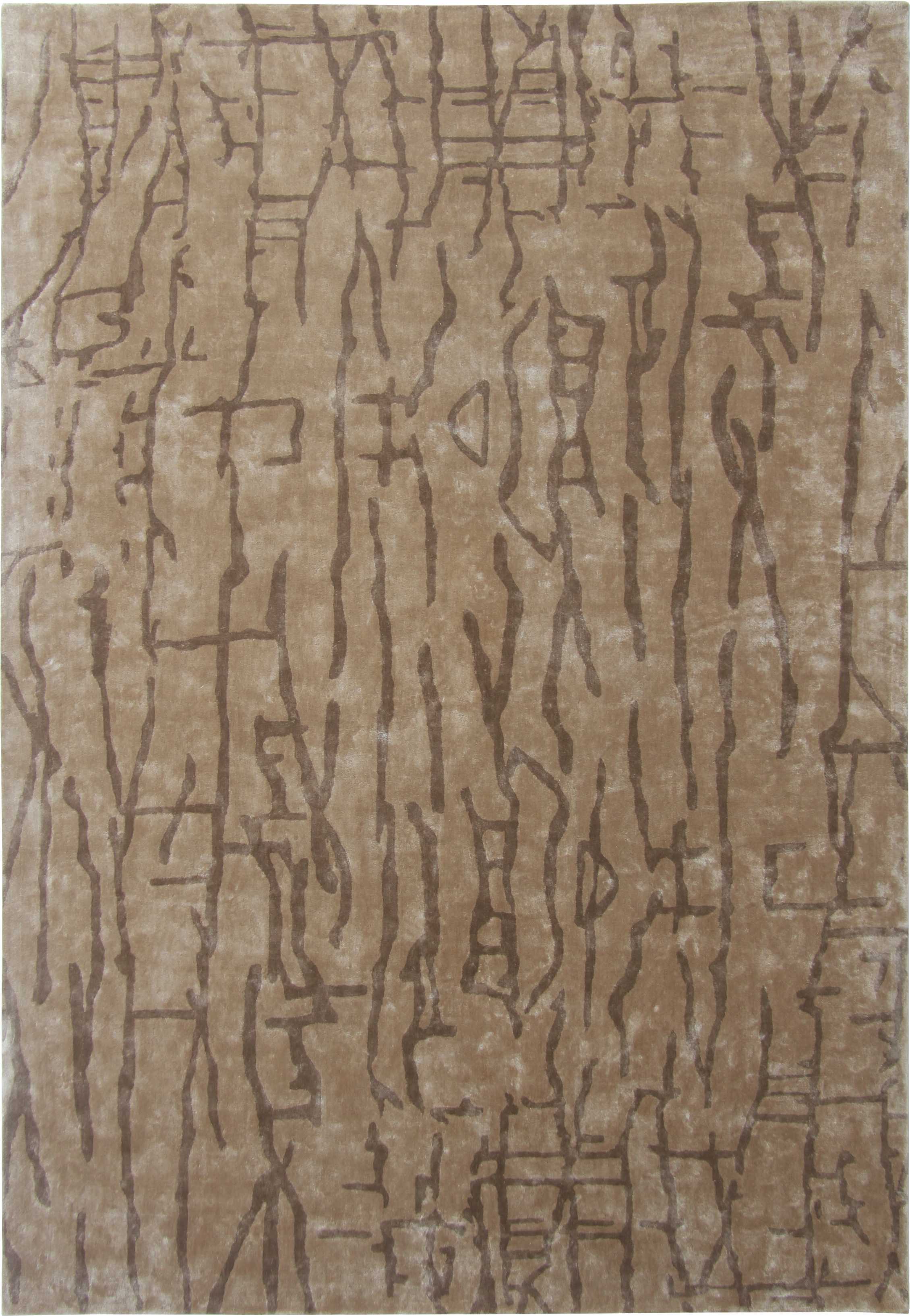 The RAMSHA HOME Brown Color Handmade Rug - HTV 10 (250X350 cm) features a hand-tufted rectangular design with abstract intersecting brown lines and shapes on a beige background, evoking organic or bark-like textures.