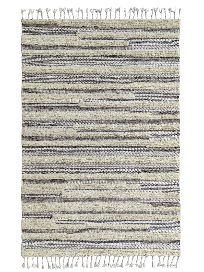 The RAMSHA HOME Fringes Woven Rug SR-053 features beige, gray, and cream horizontal stripes with fringe tassels on both ends—a textured wool blend rug perfect for your living room or bedroom.