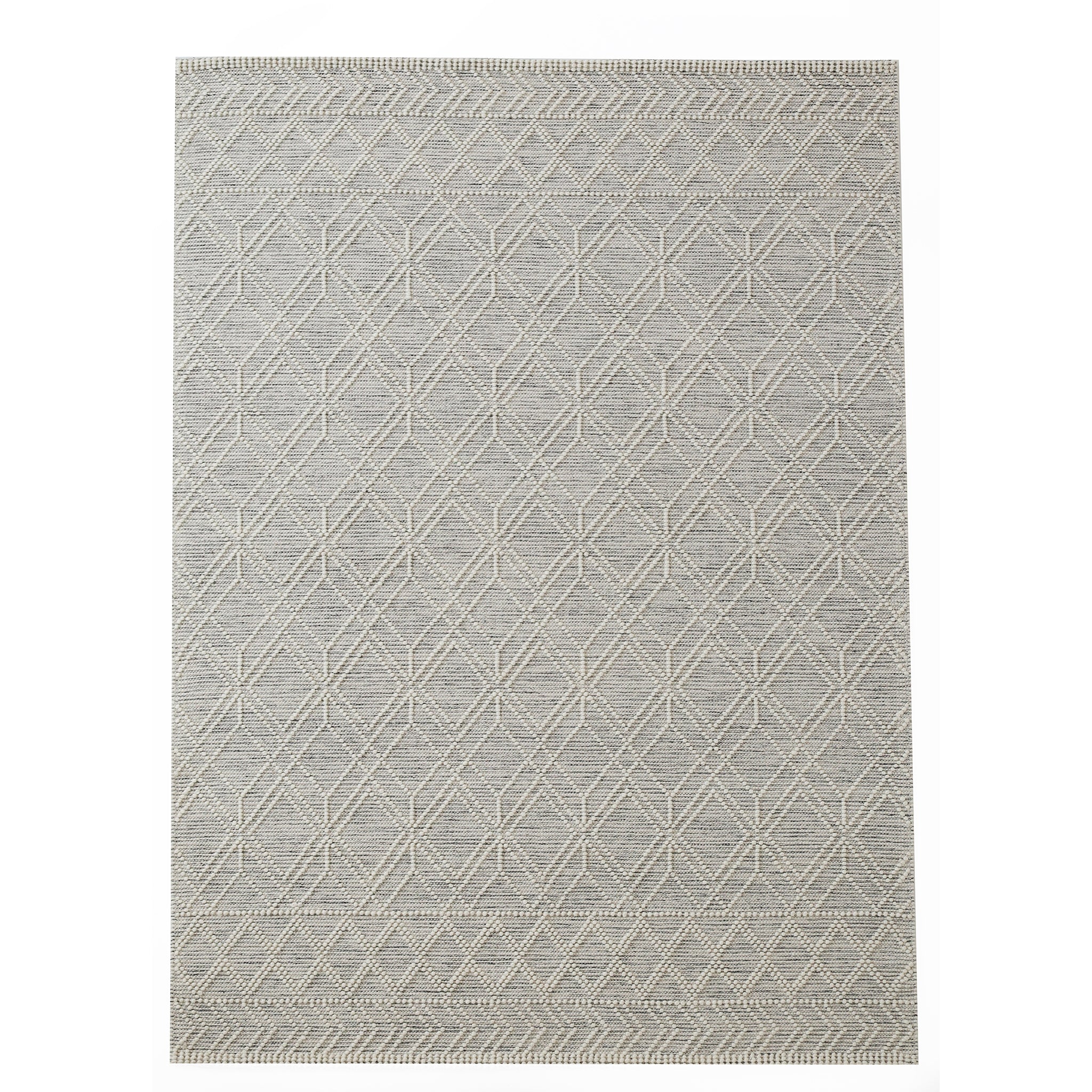 The RAMSHA HOME Wool & Cotton Living Room Woven Rug SRN-019 is a rectangular grey rug with subtle diamond and chevron patterns, textured details, and a thin border—crafted for style and durability.
