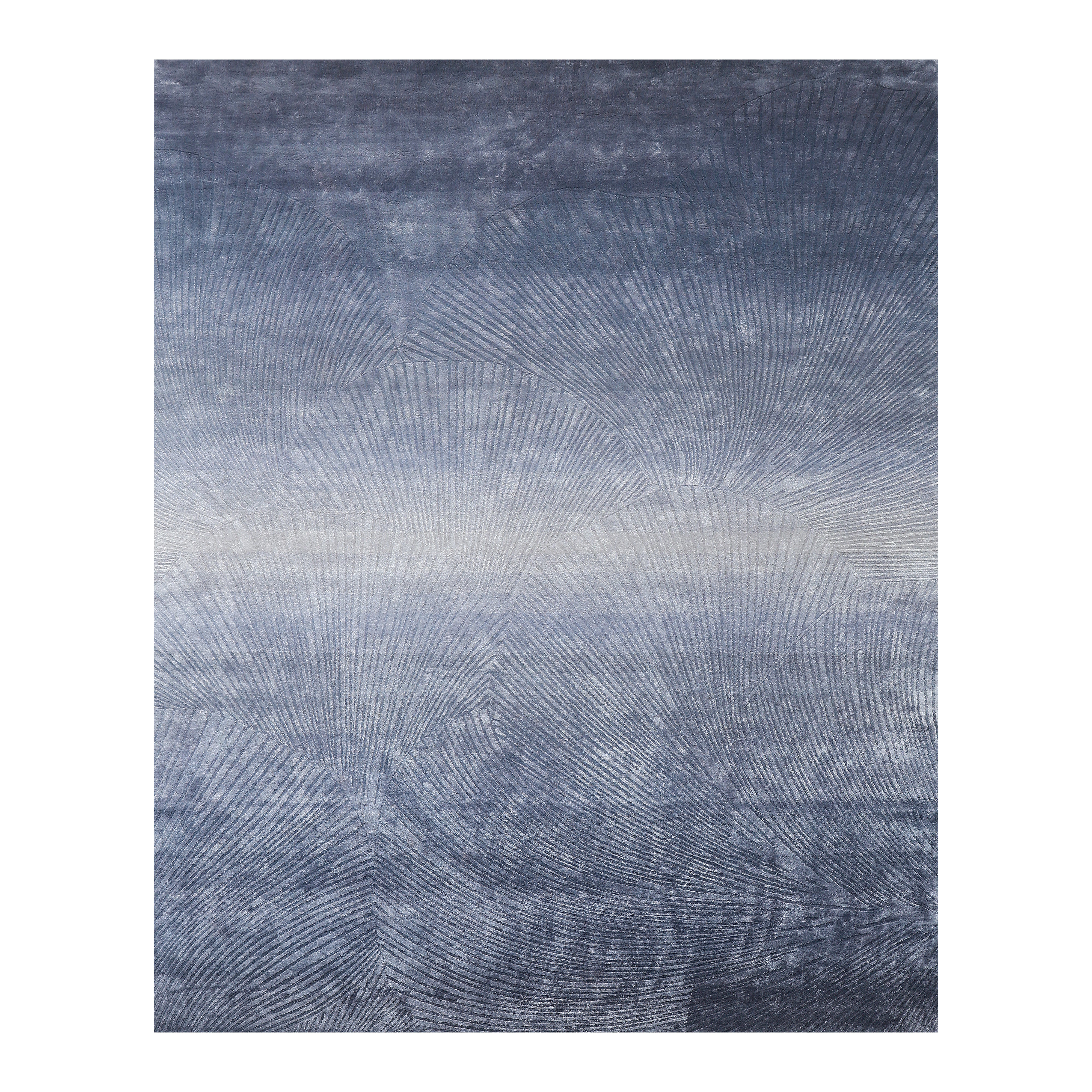 The Blue Ginkgo Fan Handmade Rug HTV 29 by RAMSHA HOME (300x400 cm) features a modern blue gradient with an abstract, textured pattern of curved, overlapping fan-like shapes—shifting from dark blue at the top to lighter blue and white below.
