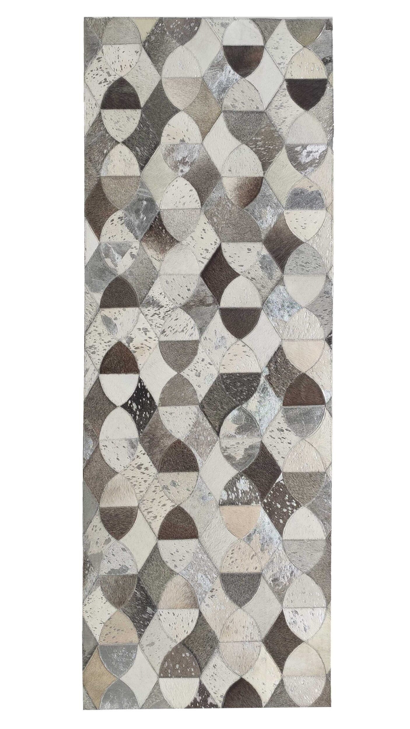The RAMSHA HOME Delightful Modern Grey Color Leather Rug - LR 008 features a rectangular design with interlocking circles and half-circles in gray, beige, and off-white, creating a stylish abstract mosaic effect.