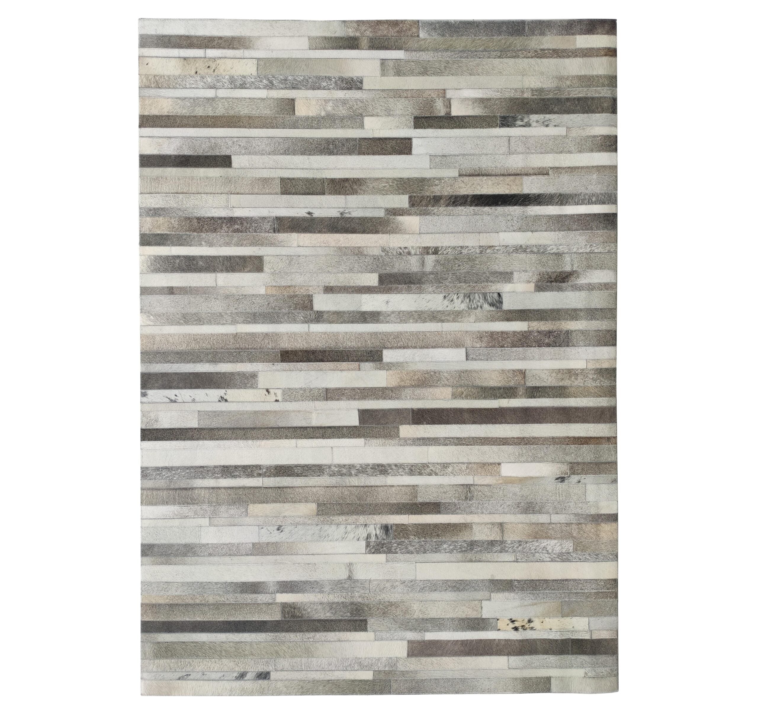 The RAMSHA HOME Grey Color Kitchen Decor Leather Rug - LR 004 features a modern rectangular design with horizontal leather strips in gray, beige, and brown shades, creating a subtle striped, textured patchwork look.