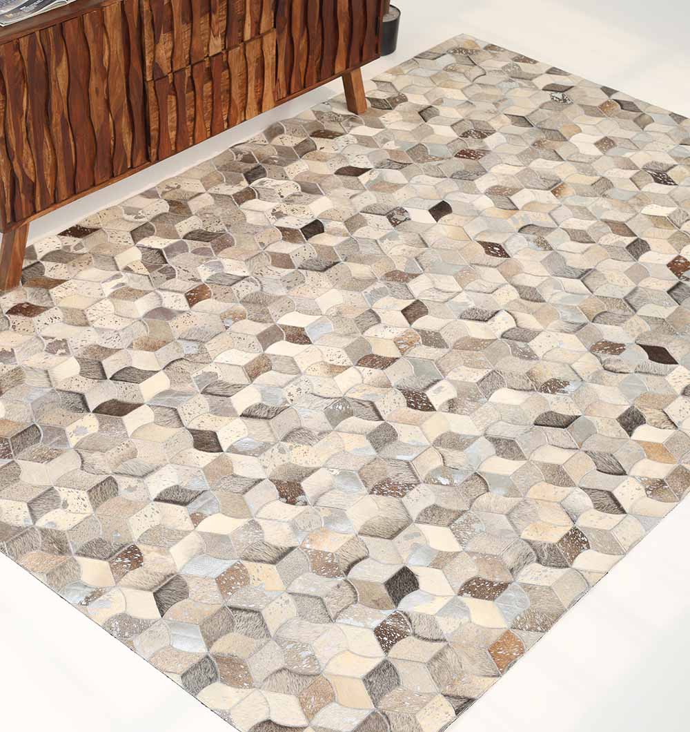 The RAMSHA HOME Amazing Bedroom & Hallway Grey Color Leather Rug - LR 007 with a 3D geometric cube design is placed on a light floor beside a wooden cabinet with a textured front.