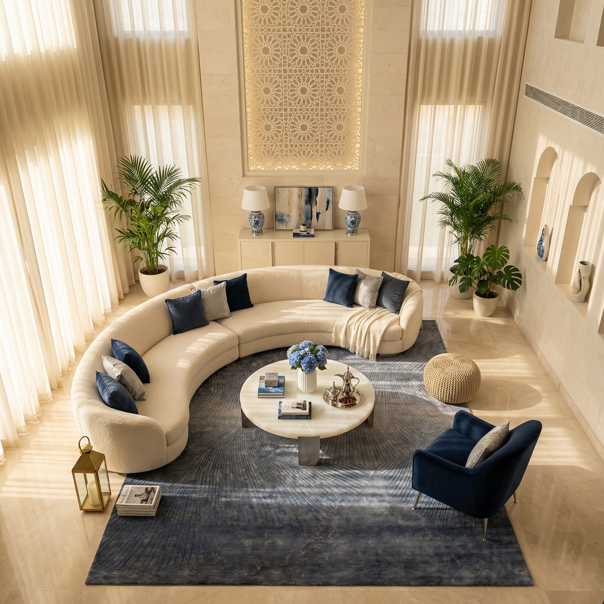 A spacious, elegant living room features the RAMSHA HOME Blue Ginkgo Fan Handmade Rug HTV 29 (300x400 cm), high ceilings, tall sheer curtains, a curved white sofa with blue cushions, a round coffee table, and stylish décor accents.