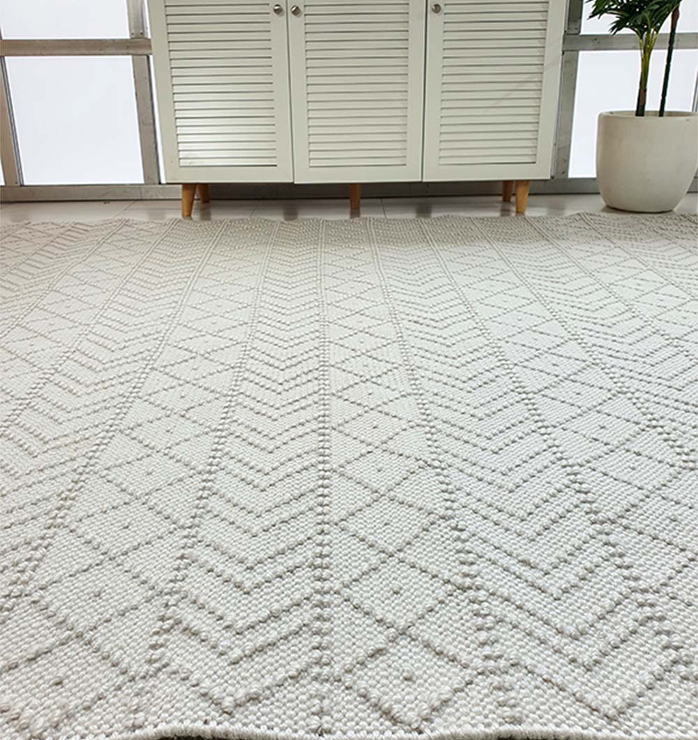 The RAMSHA HOME White Rectangle Woven Area Rug SR-022 is placed in front of a white louvered cabinet, with a potted plant on the right near a window.