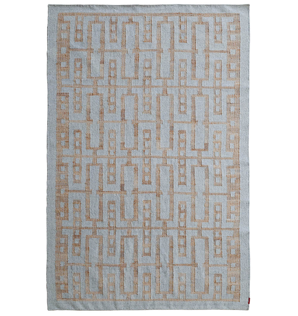 The Hand Woven Decor Area Rug WR-037 by RAMSHA HOME features a geometric beige and light gray design with interconnected shapes and a matching border, making this stylish rectangular rug a perfect accent for any room.