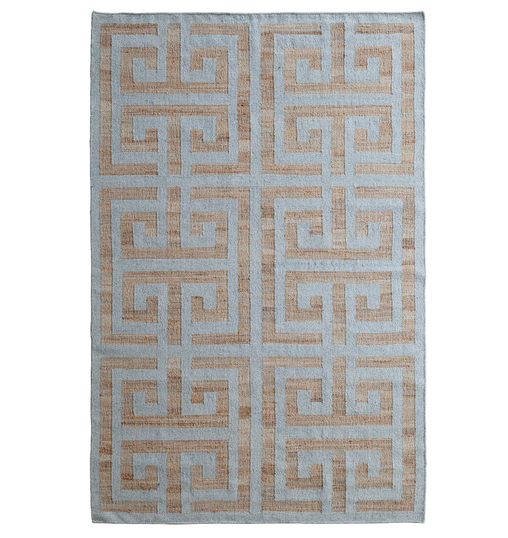 The RAMSHA HOME Decorative Woven Rug For Living Room WR-038 features a modern Greek key design in beige and light blue, with a symmetrical pattern that adds a contemporary touch to any space.